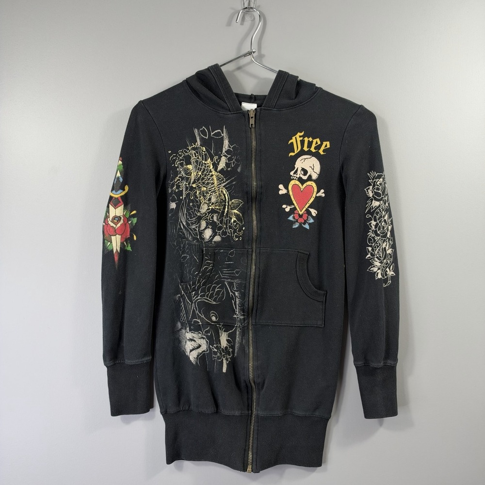 Ed Hardy Hoodie Womens XS Black Skull Heart Tattoo Graphic Full Zip Sweatshirt
